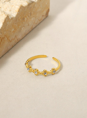 ins风简约四叶草镶钻开口钛钢戒指不掉色小众设计镀18k金百搭手饰