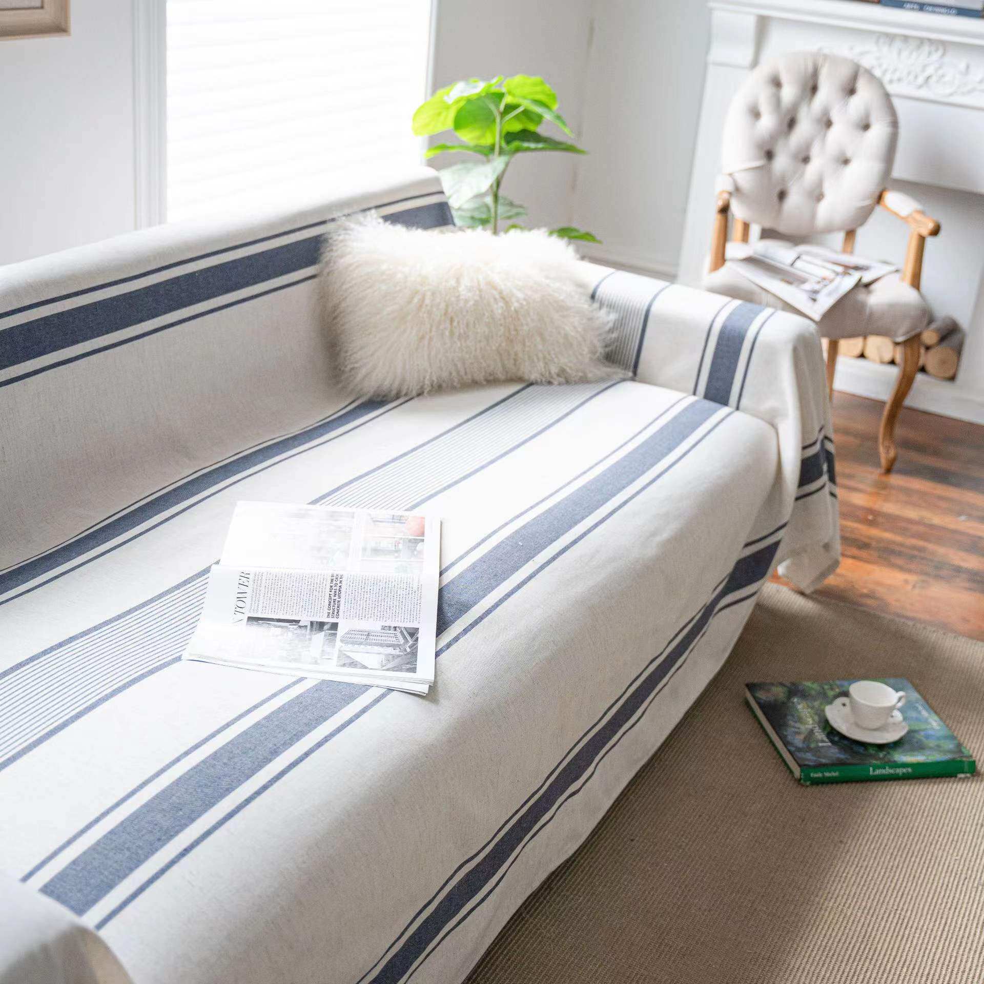 일본 단순 북유럽 작은 신선한 줄무늬 모조 면화와 린넨 모든 항목을 포함하는 소파 커버 천 장식 직물 피아노 커버 천