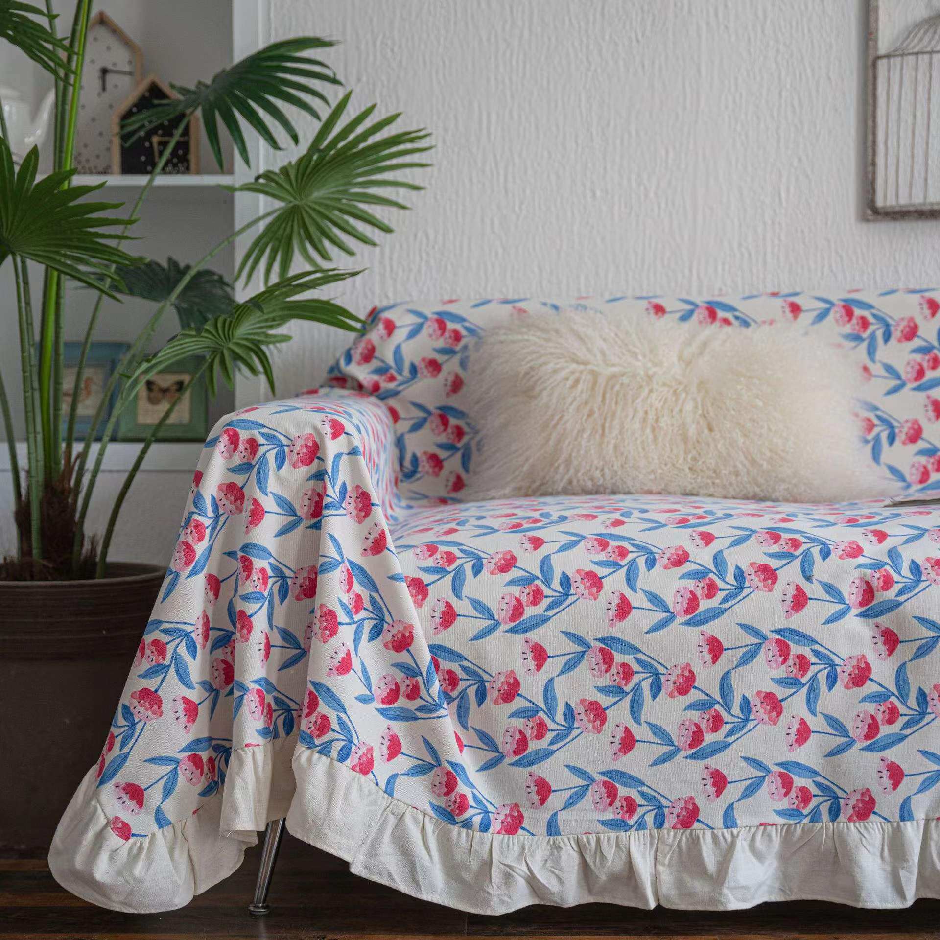 일본과 한국 목가적 인 작은 신선한 꽃 주름 면화와 나병 모든 항목을 포함하는 여분의 긴 소파 커버 천으로 가볍고 통기성