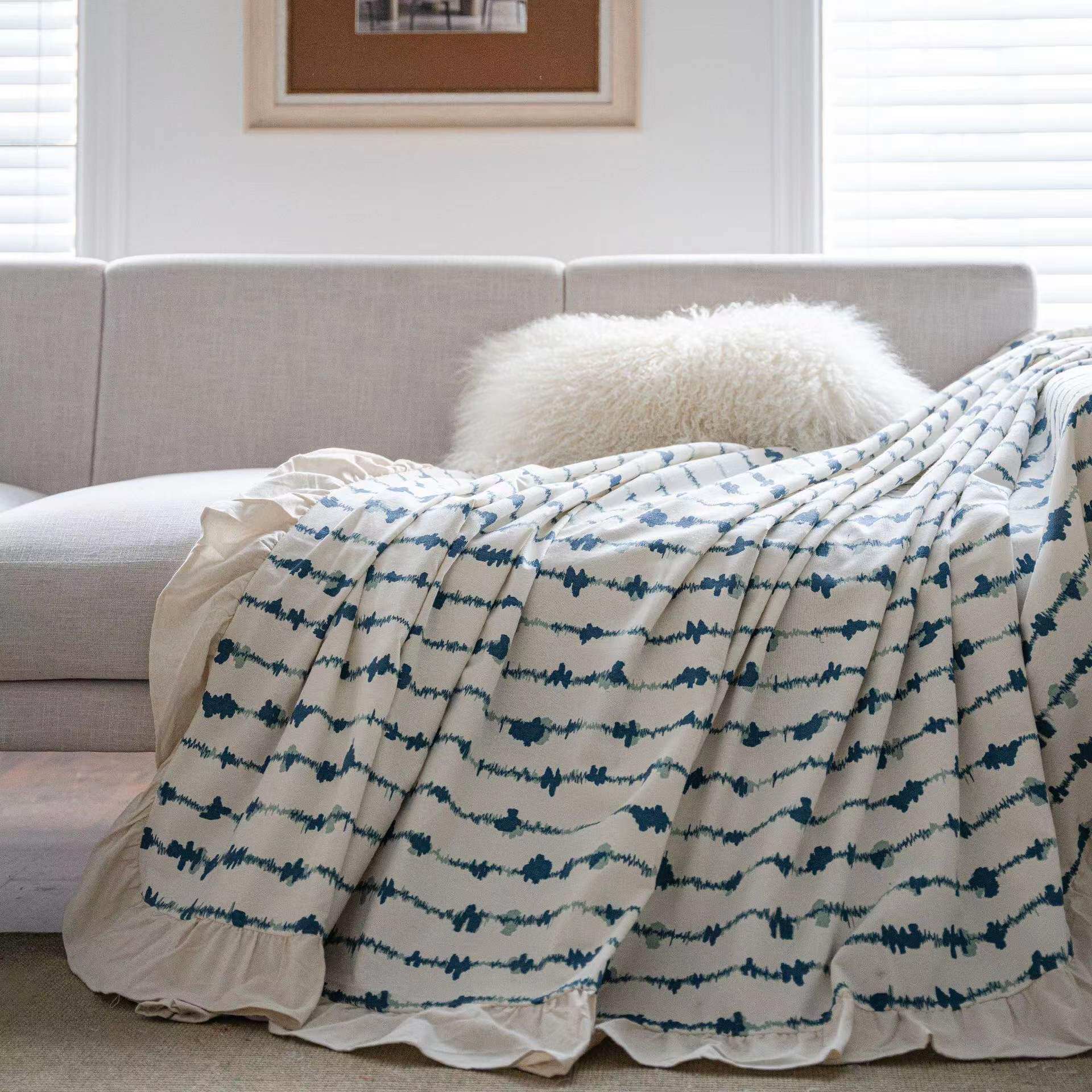 북유럽 인 일본식 파란색 작은 신선한 면화 나병 123 조합 소파 커버 방진 고양이 스크래치 프릴 커버