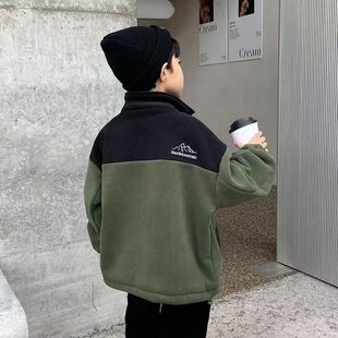 童装秋冬男童加绒加厚立领外套撞色拼接儿童时尚休闲开衫保暖夹克