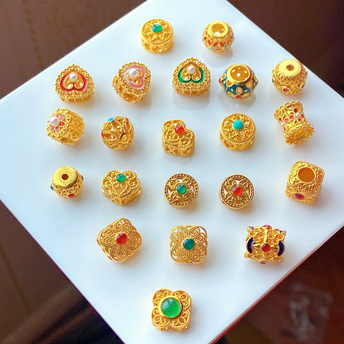 三颗石古法沙金烧蓝隔珠diy手链项链编织红绳配饰大孔桶珠爱心