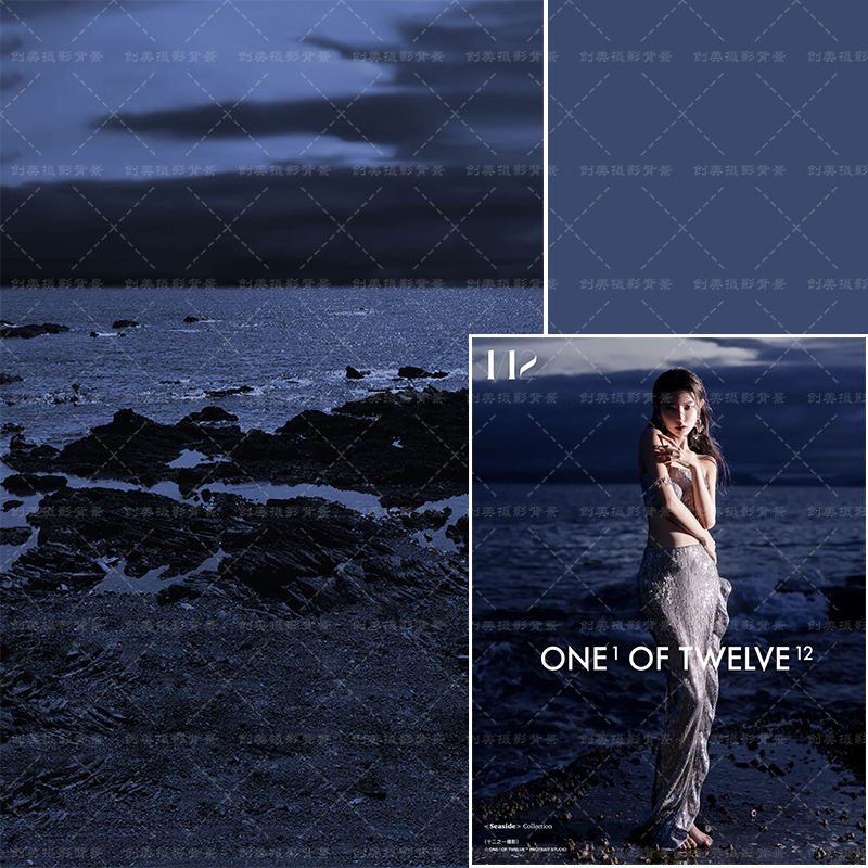 影楼沙滩夏季海景夜晚写真背景布室内少女写真大海夜晚拍照背景纸