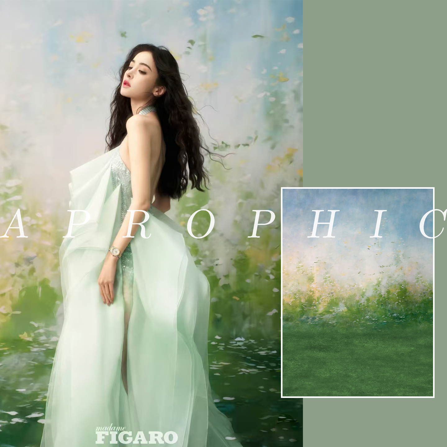 创美影棚婚纱拍照绿色花卉油画摄影背景布肖像春季油画摄影背景纸