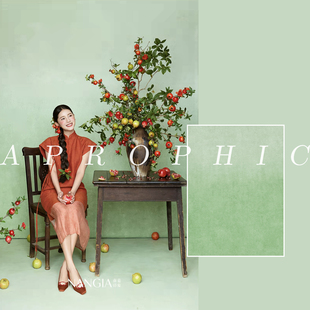 新中式少女写真背景布中秋秋季绿色油画旗袍写真蓝色渐变写真背景