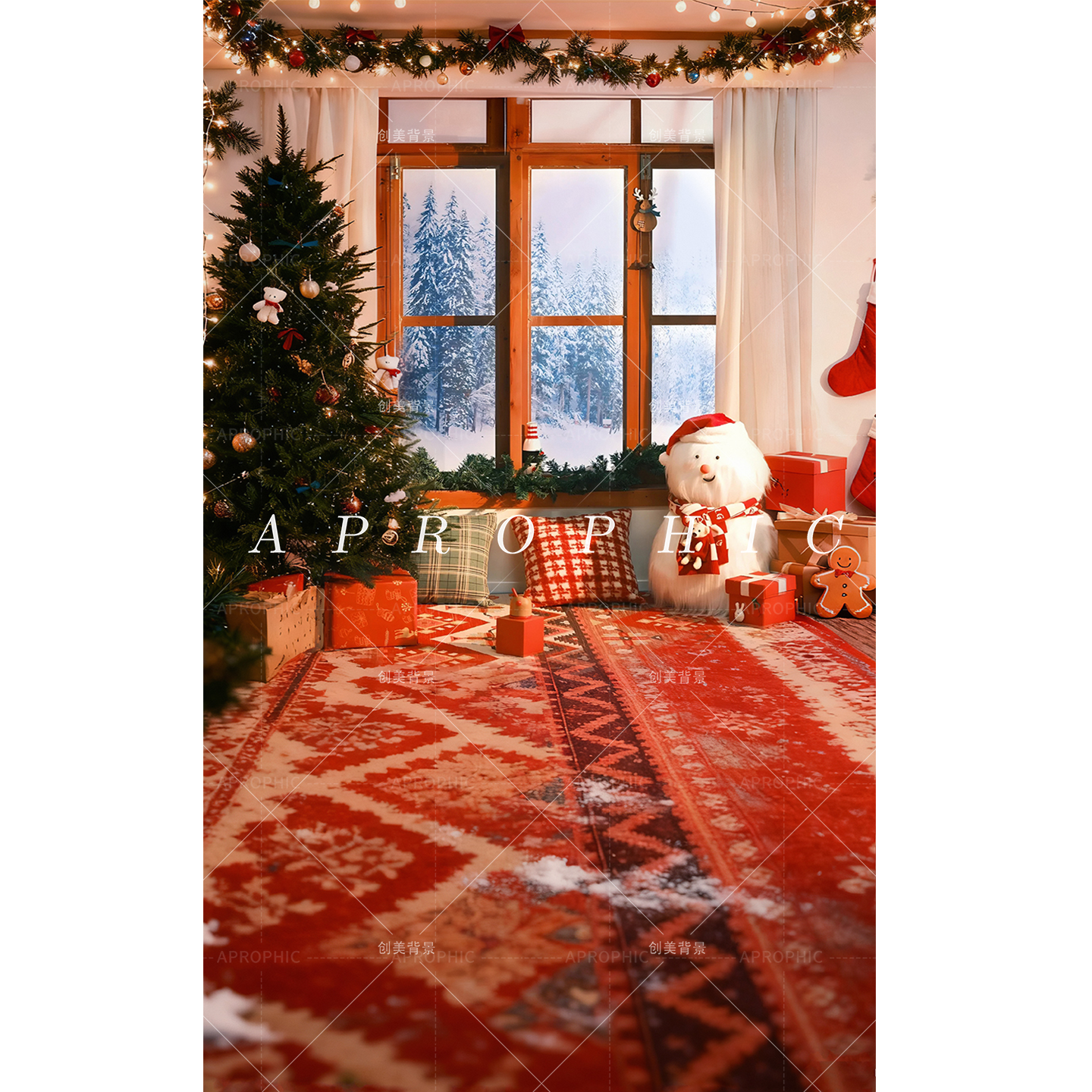 影楼儿童室内圣诞节雪景摄影背景布圣诞节房间内景拍照写真背景纸
