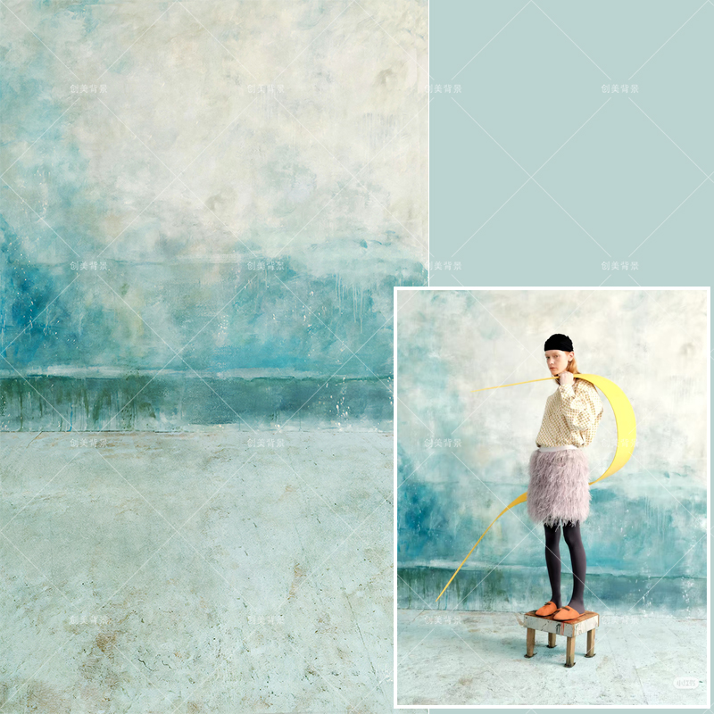 淘宝破墙拍照蓝色油画斑驳肌理拍照背景纸商拍蓝色油画写真背景布