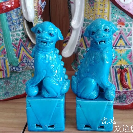 陶瓷狮子蓝色仿民国狮子风水镇宅瓷器对狮工艺品电视柜玄关摆件设