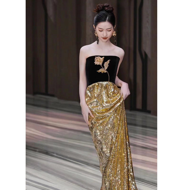 金色抹胸晚礼服女年会主持人名媛宴会轻奢敬酒服新娘走秀服装租赁