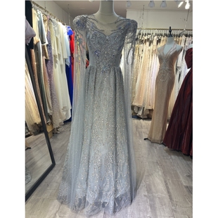 女生蓝色亮闪重工飘袖修身亮闪A摆V领唱歌主持人晚宴宴会礼服租赁