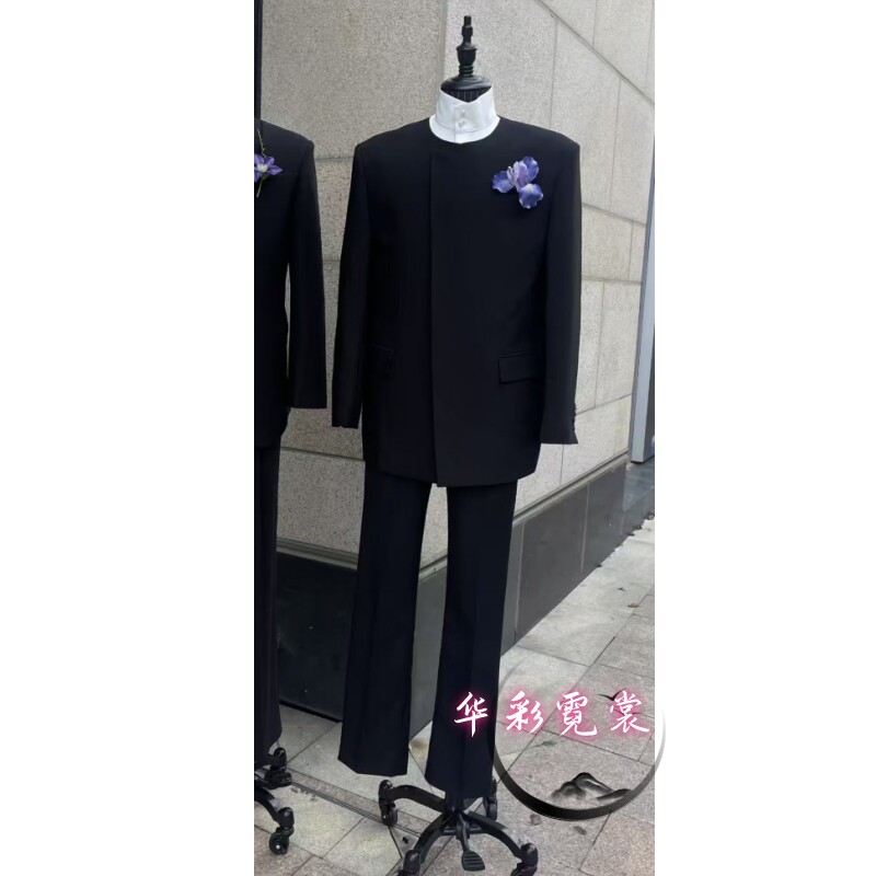 男士中式刺绣黑色斜襟盘扣一粒扣收身商务主持人宴会个性歌手西装