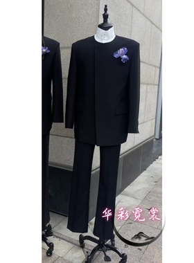 男士中式刺绣黑色斜襟盘扣一粒扣收身商务主持人宴会个性歌手西装