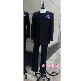 歌手西装 刺绣黑色斜襟盘扣一粒扣收身商务主持人宴会个性 中式 男士