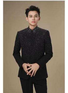 男士黑色中式烫钻立领中山装主持人礼服歌手宴会重工礼服服装租赁