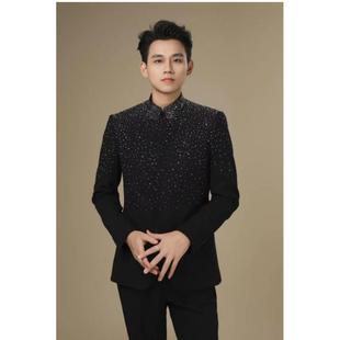 男士黑色中式烫钻立领中山装主持人礼服歌手宴会重工礼服服装租赁