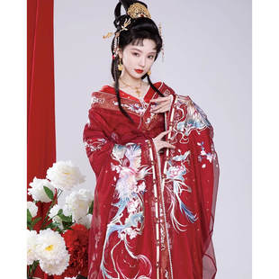 女士汉服刺绣重工桃花序红色婚服唐朝宋制拖地大宽袖北京服装租赁