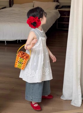 日系2025夏装新女童宝宝洋气百搭蕾丝吊带裙无袖打底T恤阔腿裤潮