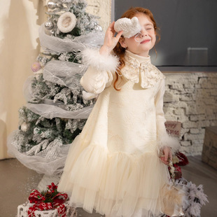 GLP KISS韩系童装冬装女童洋气甜美新中式旗袍拼接纱裙连衣裙高级