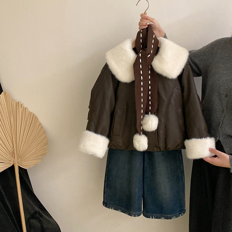 韩系女童冬季加绒加厚皮衣夹克