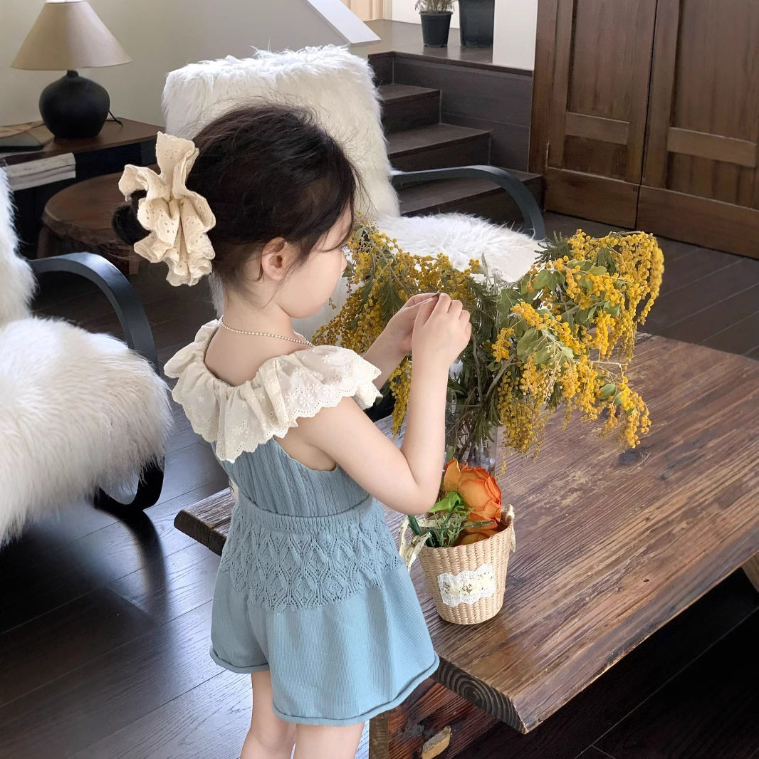 2025夏季新女童韩版洋气时髦荷叶领花边针织无袖背心短裤两件套装,童装/婴儿装/亲子装,套装,淘宝优惠券,粉丝福利购,淘宝优惠卷