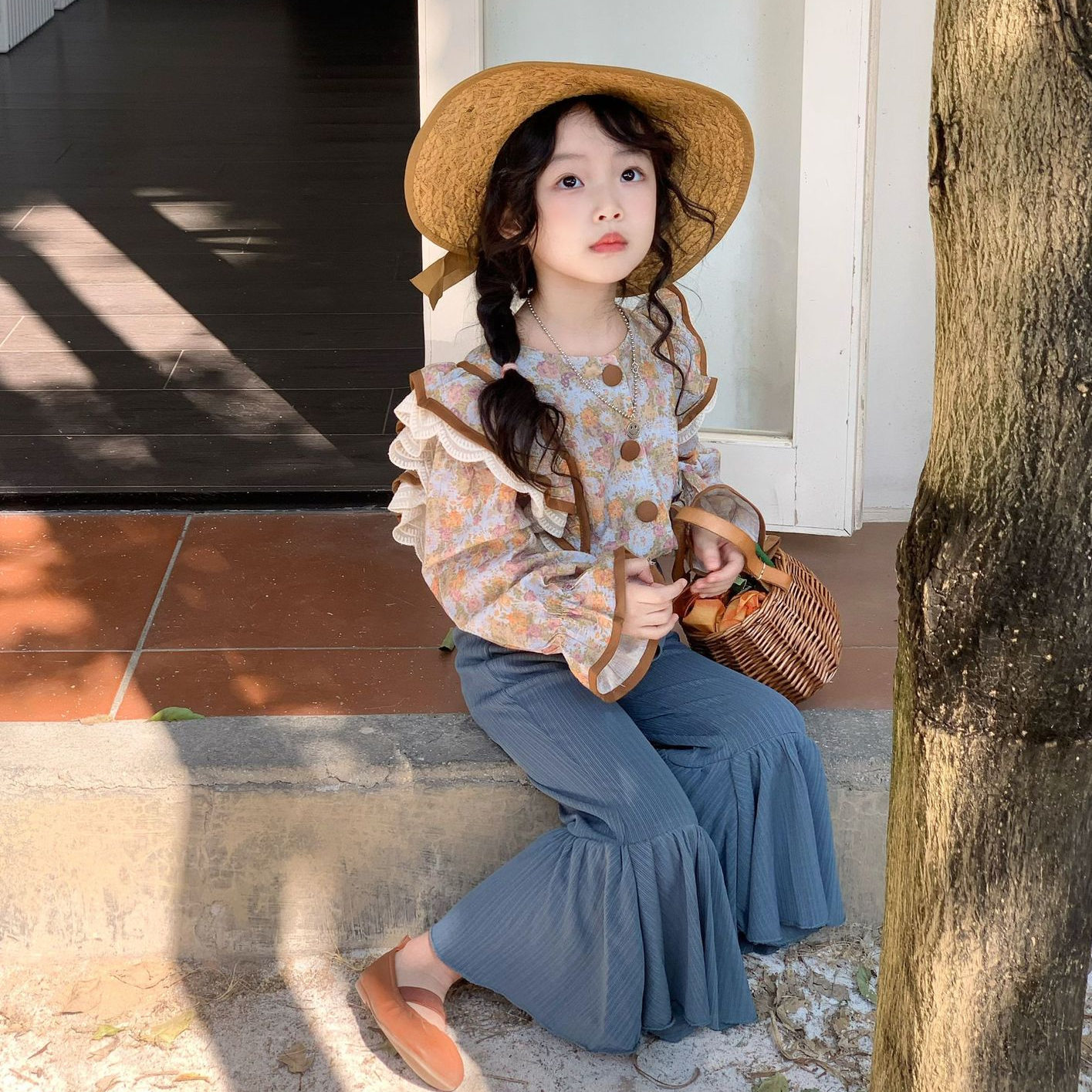 2025春夏新女童女宝宝时尚碎花花边喇叭袖衬衫儿童时髦洋气喇叭裤