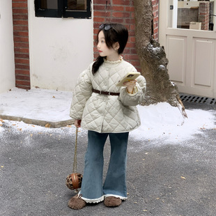 GLP KISS韩系童装25冬季新女童时髦菱形格加绒夹棉外套泡泡袖棉衣