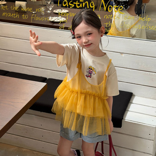 GLP 26夏女童甜美仙仙网纱吊带卡通短袖 T恤两件套装 KISS韩系童装