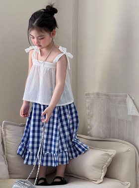 GLP KISS韩版童装26夏款女童日系甜美吊带娃娃上衣蓝格子鱼尾长裙