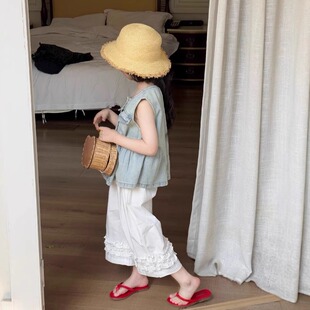 2025夏装 新女童宝宝时髦百搭复古软牛仔马甲背心洋气木耳边阔腿裤
