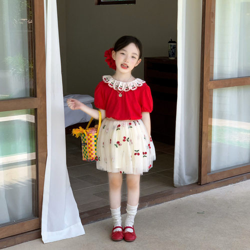 韩系女童夏季刺绣短袖T恤纱裙