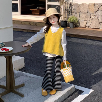 韩系女童春季针织背心条纹喇叭裤