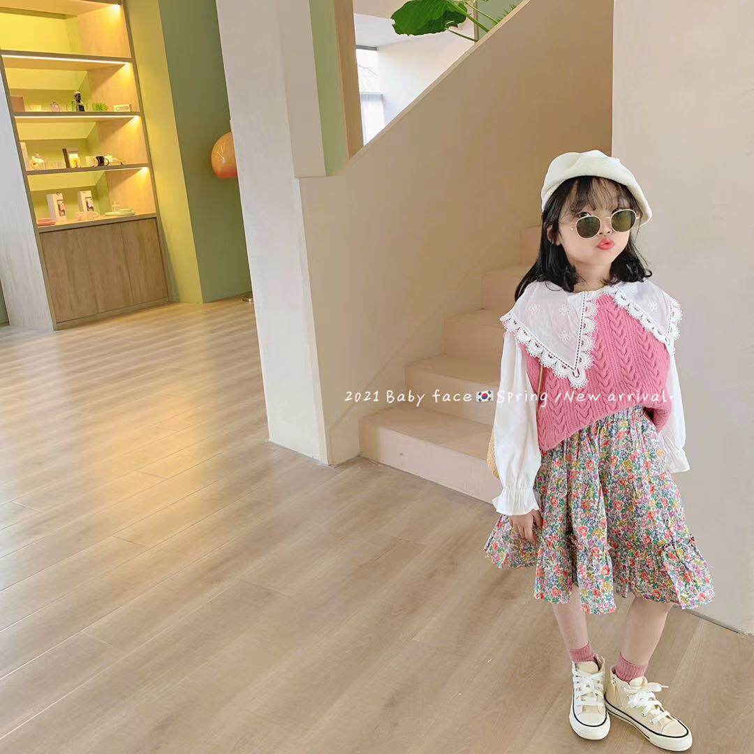 2021春装新韩版女童甜美淑女针织马甲大翻领娃娃衬衫碎花半身裙子