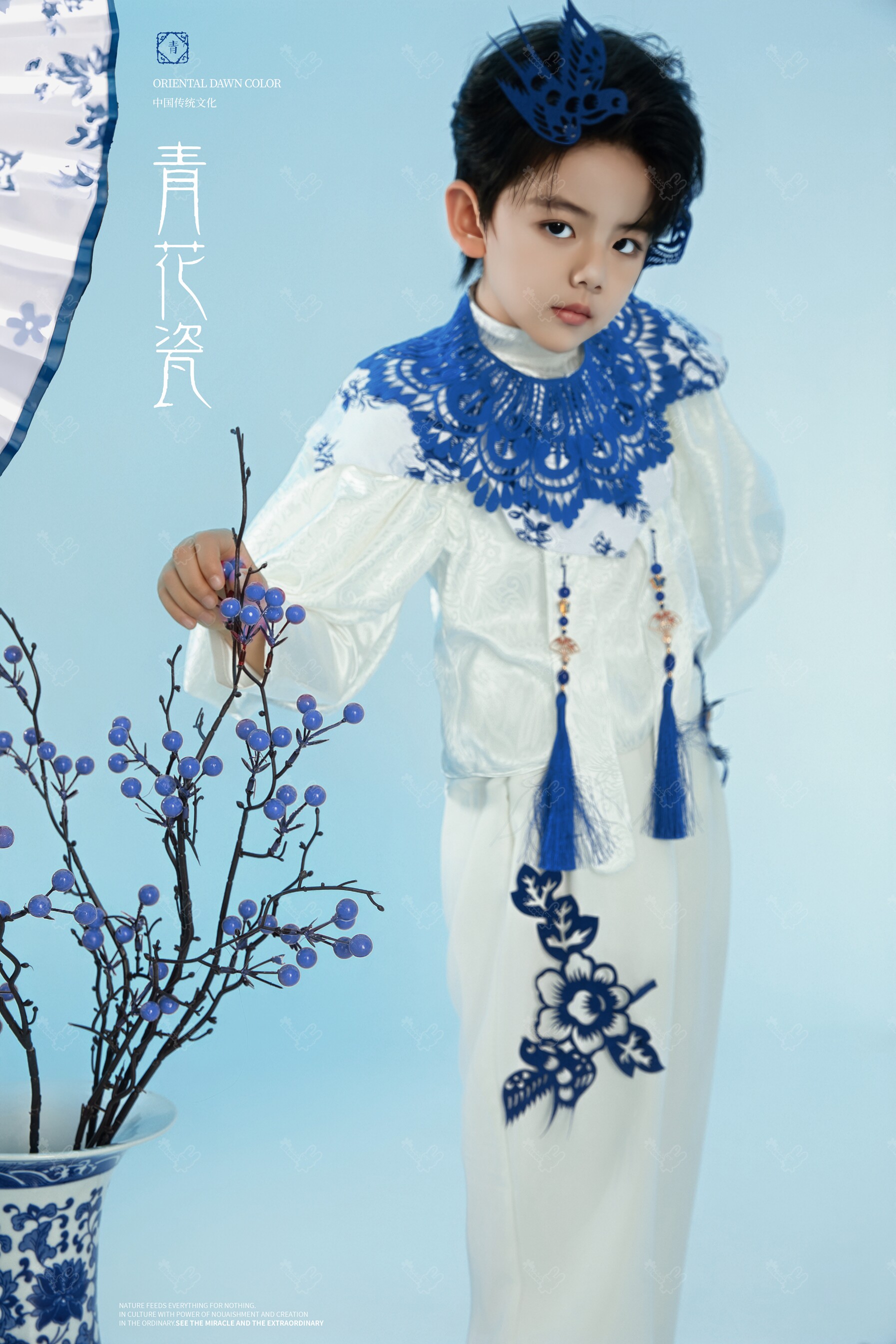 儿童摄影服装青花瓷新中式汉服古装国风国潮模特走秀潮童表演演出