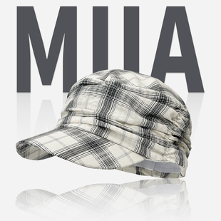 日系褶皱格纹马术鸭舌帽子女春夏棉质M均码显脸小短帽檐棒球帽潮
