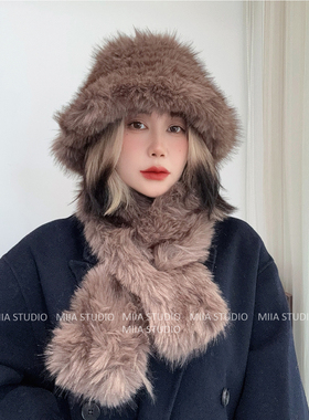 韩国仿水貂毛软糯渐变色毛绒渔夫帽子女二件套秋冬保暖交叉围脖潮