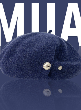 日系复古褶皱百搭画家帽女冬季纯羊毛呢贝雷帽气质金属纽扣画家帽