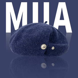 日系复古褶皱百搭画家帽女冬季纯羊毛呢贝雷帽气质金属纽扣画家帽