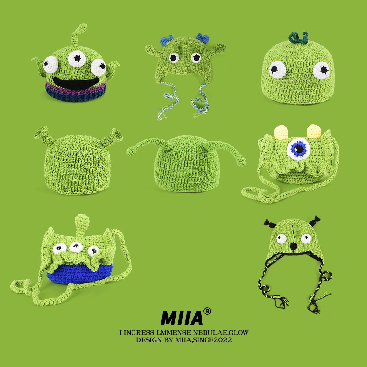 痞幼同款搞怪史莱克卡通可爱毛线帽恶魔大眼怪绿色针织套头帽冷帽