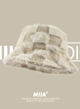 日系羊羔毛绒棋盘格渔夫帽子女加厚保暖秋冬显脸小百搭盆帽水桶帽