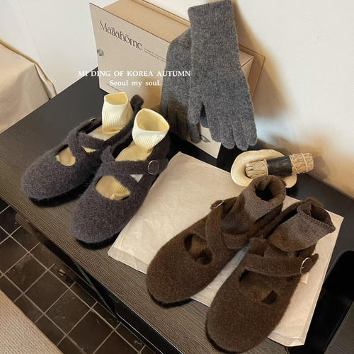 MIDING米町法式交叉花灰暖加绒毛毛鞋外穿厚底勃肯女鞋内增高棉鞋