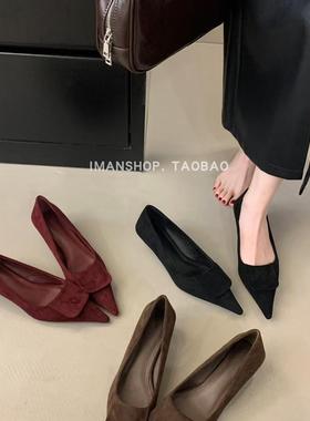 wins shoes·2025法式早春小众设计尖头绒面浅口小猫跟低跟单鞋黑