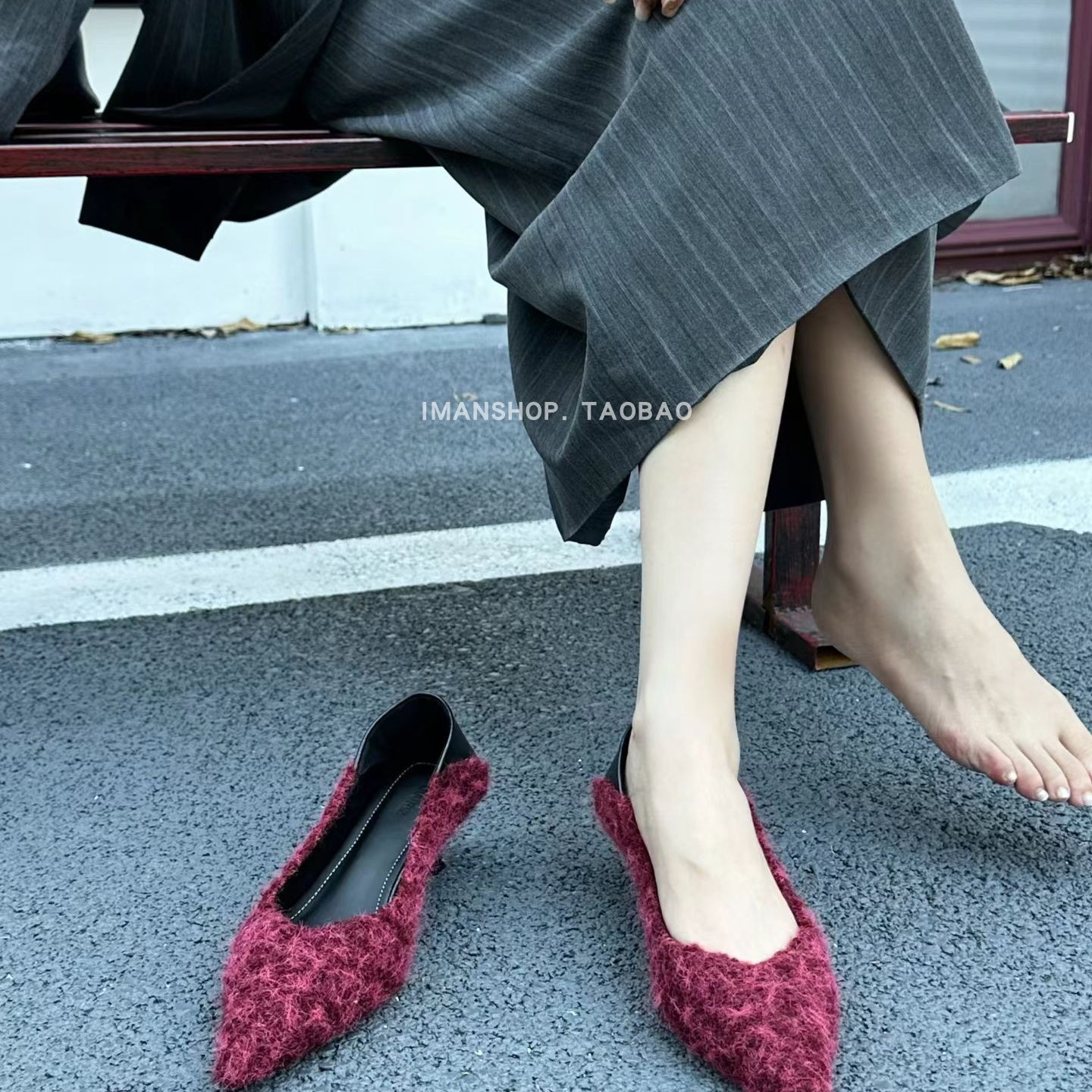 wins shoes法式呢花灰绿毛毛鞋外穿尖头浅口小猫跟细跟单鞋高跟鞋