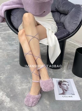 wins shoes韩系圣诞芭蕾风毛毛鞋 玛丽珍单鞋粗跟绑带高跟鞋女鞋