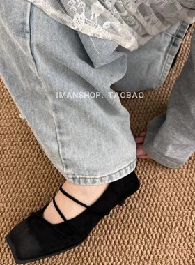 wins shoes法式新款方头细带交叉芭蕾风小猫跟高跟鞋擦色小单鞋女