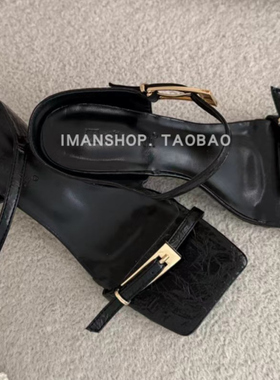 wins shoes欧洲站走秀时髦黑色方头小金扣小粗跟高跟鞋凉拖鞋外穿