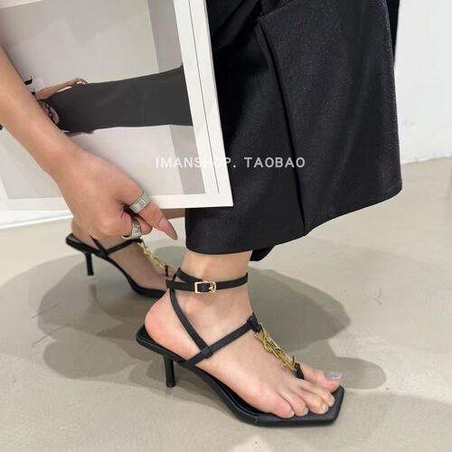 wins shoes·2026法式缎面方头小猫跟露趾鞋细带黑色度假风凉鞋夏