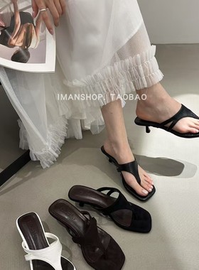 2025NEW SPRING韩版设计夏季夹趾白色细跟高跟鞋方头凉拖鞋小半拖