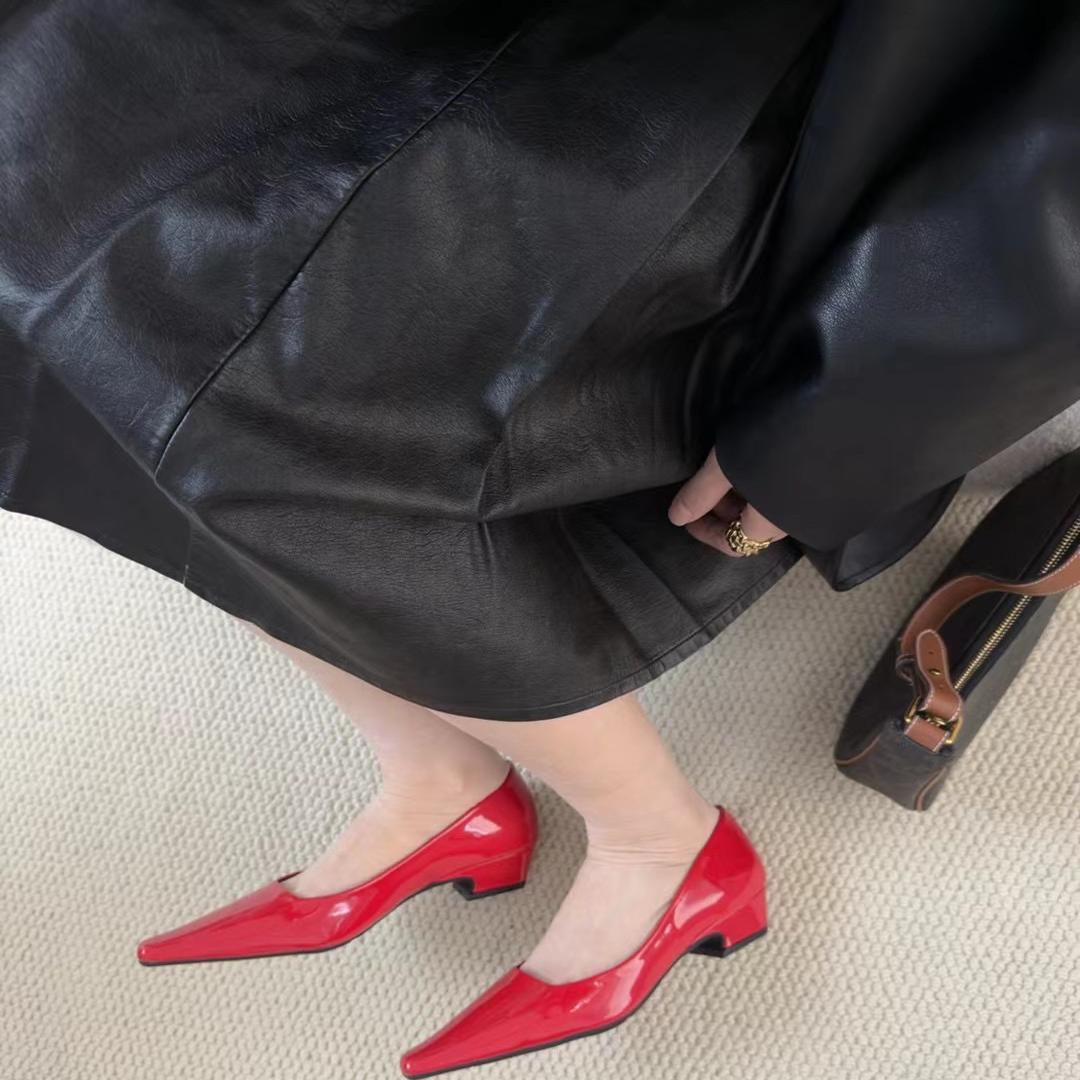wins shoes 氛围过年红鞋子浅口单鞋女2025春季方头粗跟低跟鞋子
