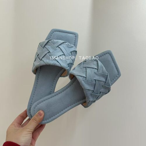 wins shoes·2025韩系少女温柔编织风方头露趾平底凉拖鞋软底凉鞋