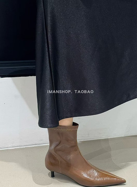wins shoes2025法式显瘦小众直筒靴瘦瘦靴黑色小皮鞋尖头高跟短靴